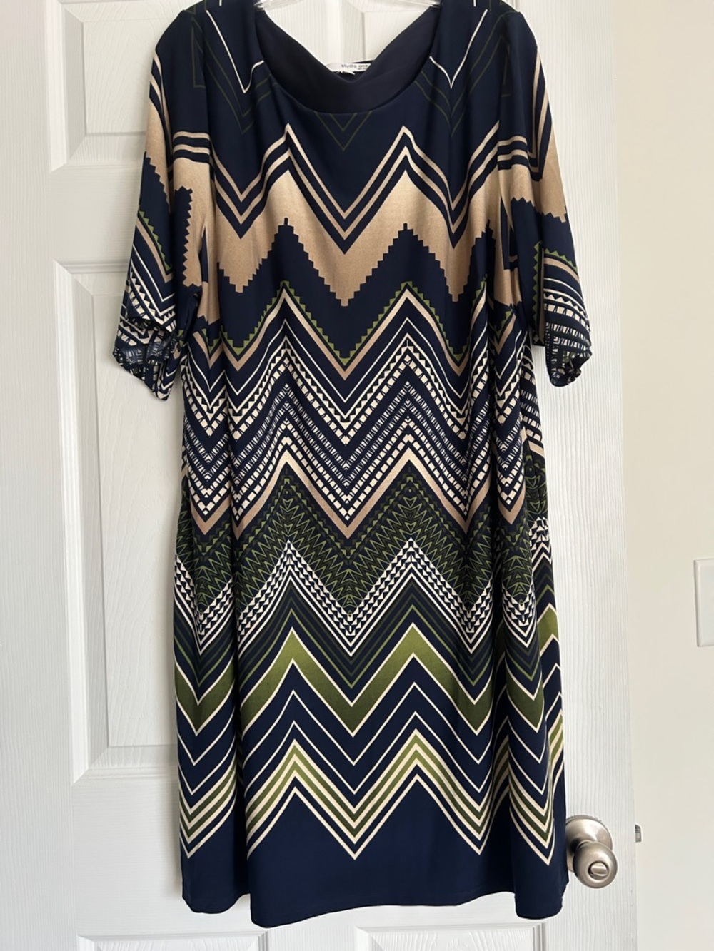 Chevron Midi Dress in Navy, Olive & Cream